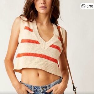 Free People Striped V-Neck Crop Top in Cream and Orange